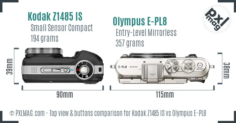Kodak Z1485 IS vs Olympus E-PL8 top view buttons comparison