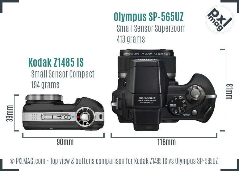 Kodak Z1485 IS vs Olympus SP-565UZ top view buttons comparison