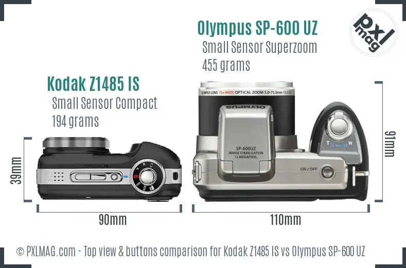 Kodak Z1485 IS vs Olympus SP-600 UZ top view buttons comparison