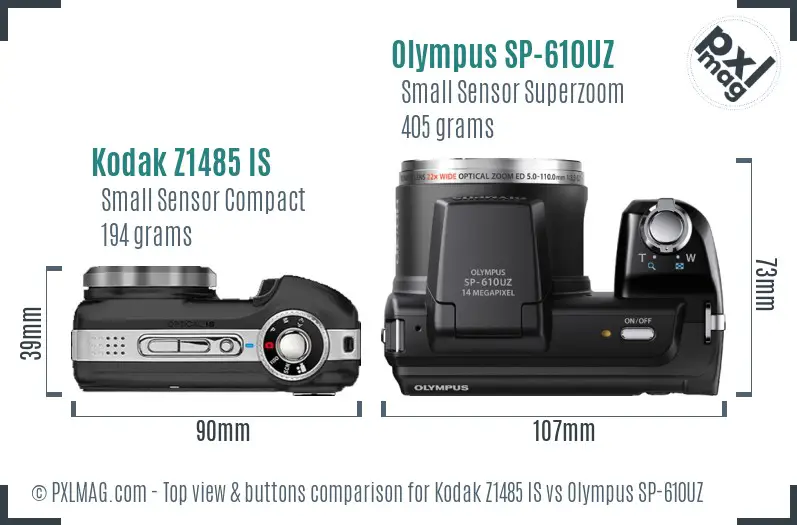 Kodak Z1485 IS vs Olympus SP-610UZ top view buttons comparison