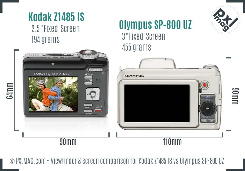 Kodak Z1485 IS vs Olympus SP-800 UZ Screen and Viewfinder comparison