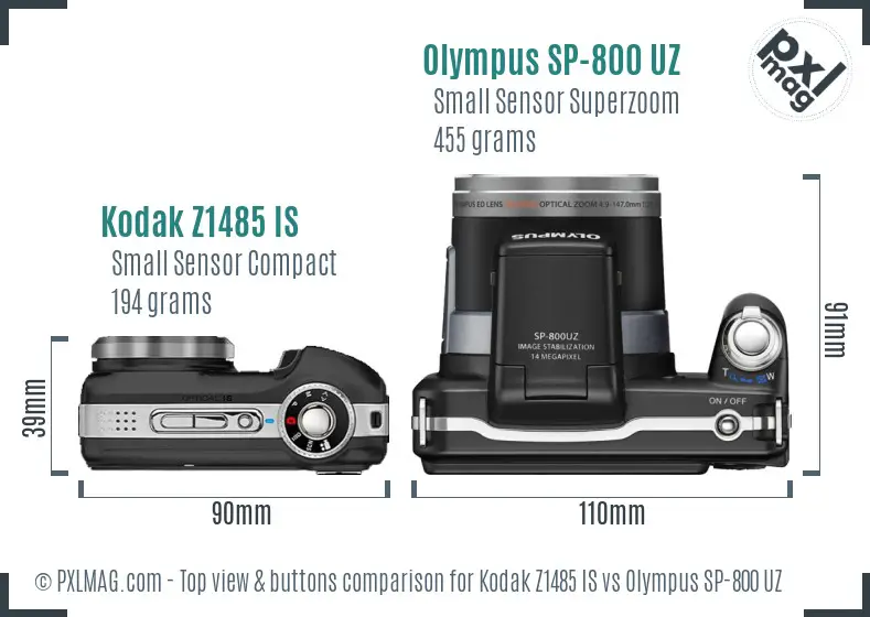 Kodak Z1485 IS vs Olympus SP-800 UZ top view buttons comparison
