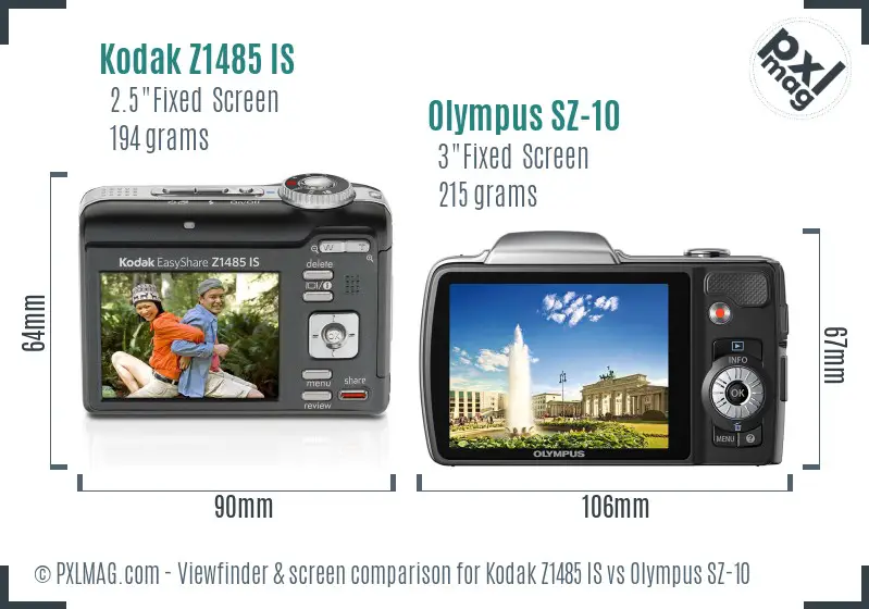 Kodak Z1485 IS vs Olympus SZ-10 Screen and Viewfinder comparison