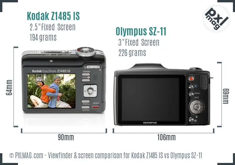 Kodak Z1485 IS vs Olympus SZ-11 Screen and Viewfinder comparison