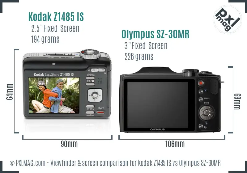 Kodak Z1485 IS vs Olympus SZ-30MR Screen and Viewfinder comparison