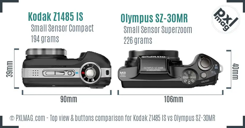 Kodak Z1485 IS vs Olympus SZ-30MR top view buttons comparison