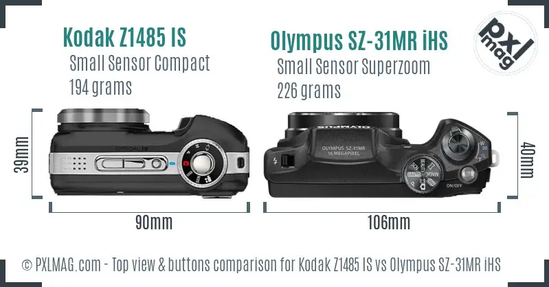 Kodak Z1485 IS vs Olympus SZ-31MR iHS top view buttons comparison