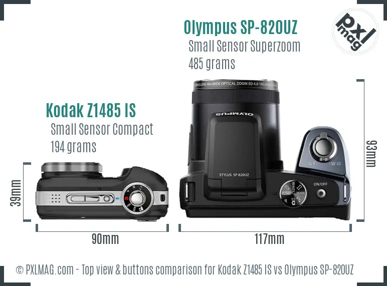 Kodak Z1485 IS vs Olympus SP-820UZ top view buttons comparison