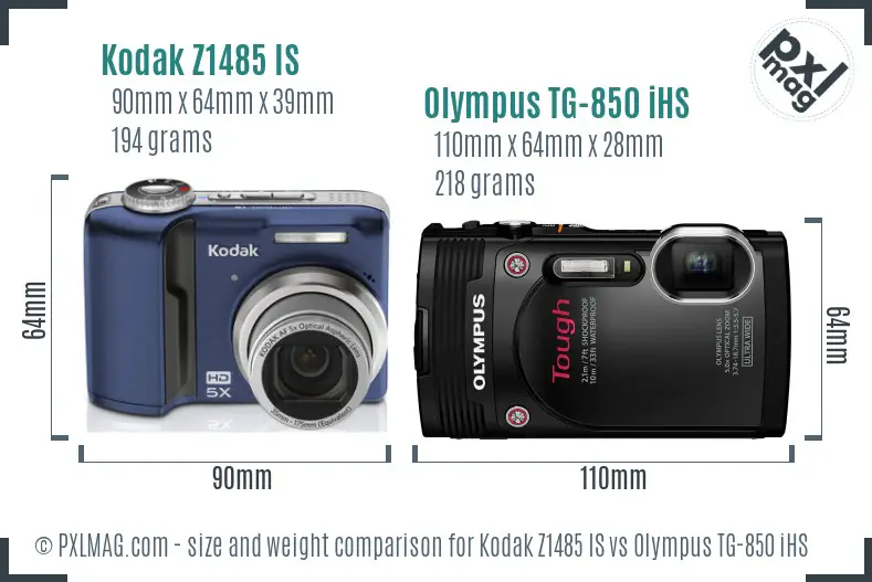 Kodak Z1485 IS vs Olympus TG-850 iHS size comparison