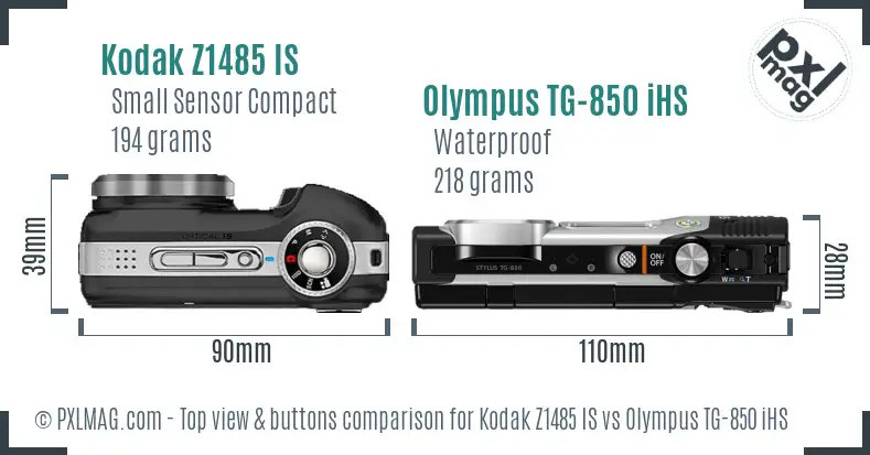 Kodak Z1485 IS vs Olympus TG-850 iHS top view buttons comparison