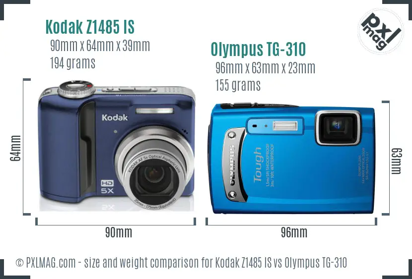 Kodak Z1485 IS vs Olympus TG-310 size comparison