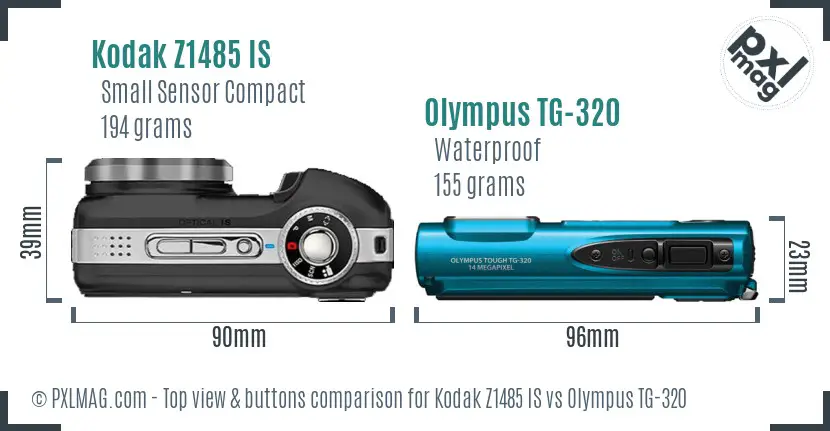 Kodak Z1485 IS vs Olympus TG-320 top view buttons comparison Kodak Z1485 IS vs Olympus TG-320 top view buttons comparison