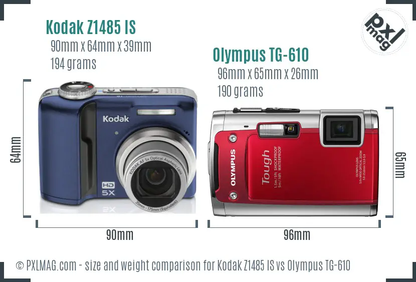 Kodak Z1485 IS vs Olympus TG-610 size comparison