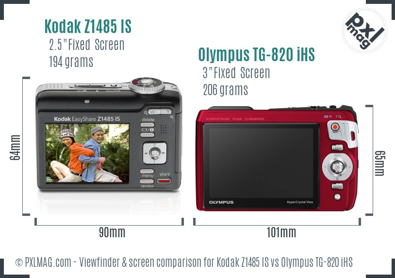 Kodak Z1485 IS vs Olympus TG-820 iHS Screen and Viewfinder comparison
