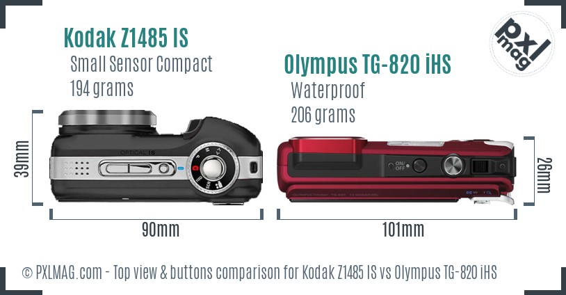 Kodak Z1485 IS vs Olympus TG-820 iHS top view buttons comparison