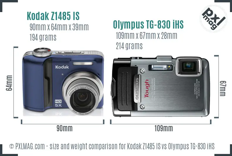 Kodak Z1485 IS vs Olympus TG-830 iHS size comparison