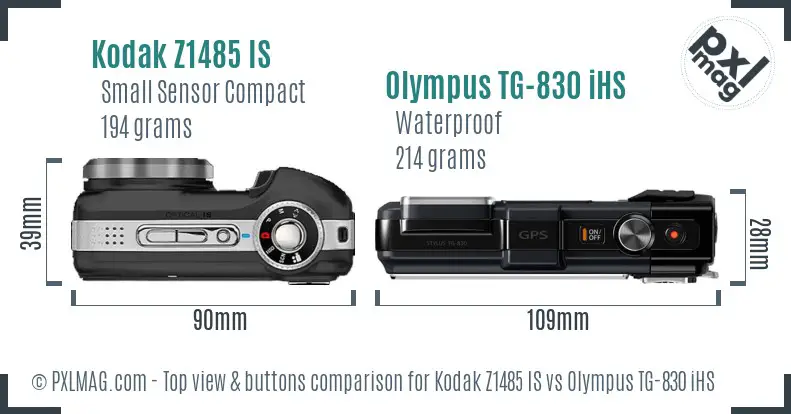 Kodak Z1485 IS vs Olympus TG-830 iHS top view buttons comparison