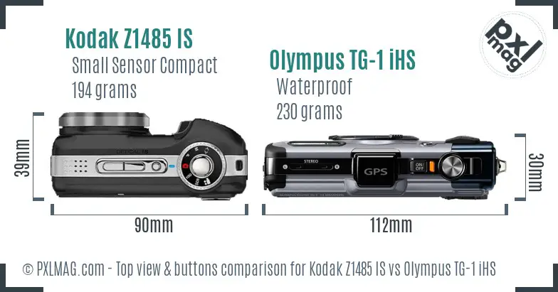 Kodak Z1485 IS vs Olympus TG-1 iHS top view buttons comparison Kodak Z1485 IS vs Olympus TG-1 iHS top view buttons comparison