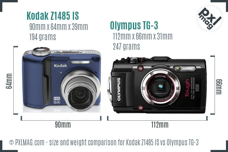 Kodak Z1485 IS vs Olympus TG-3 size comparison