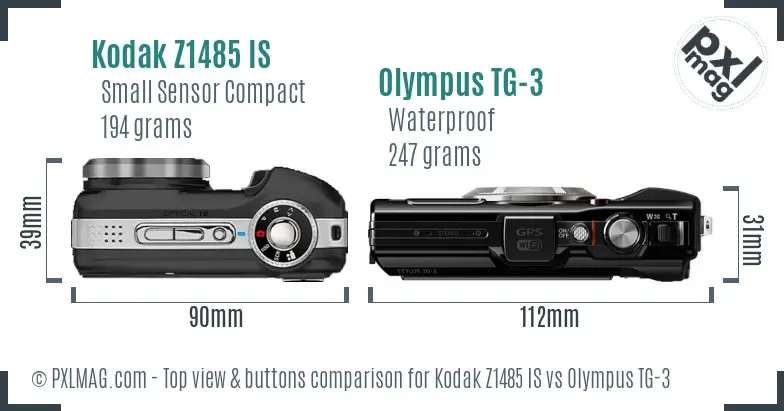Kodak Z1485 IS vs Olympus TG-3 top view buttons comparison