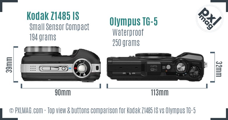 Kodak Z1485 IS vs Olympus TG-5 top view buttons comparison