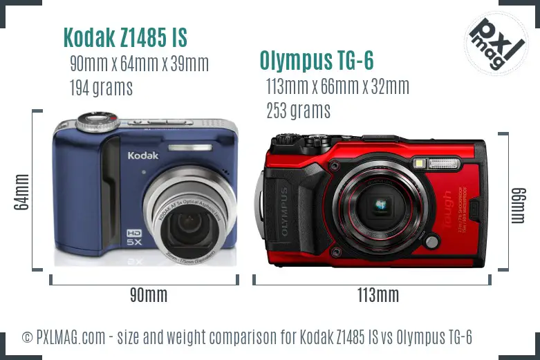 Kodak Z1485 IS vs Olympus TG-6 size comparison