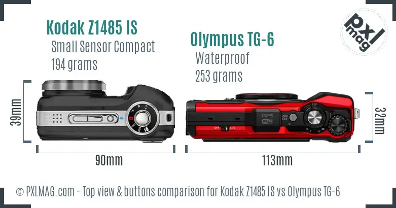 Kodak Z1485 IS vs Olympus TG-6 top view buttons comparison