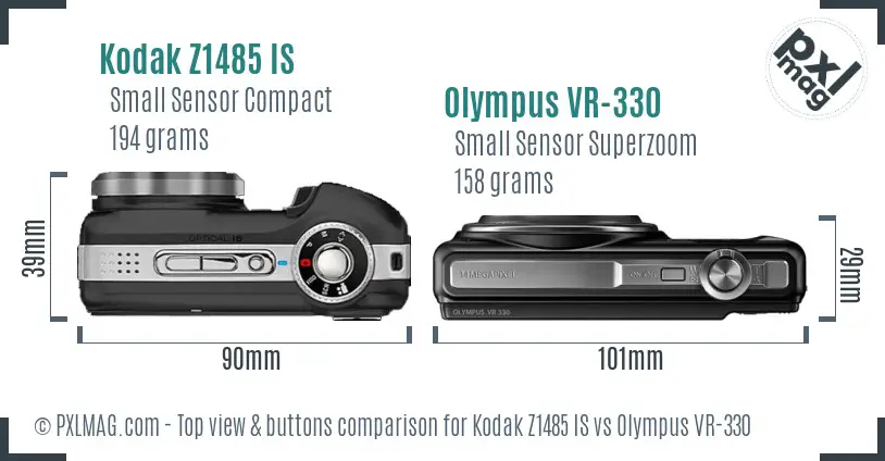 Kodak Z1485 IS vs Olympus VR-330 top view buttons comparison