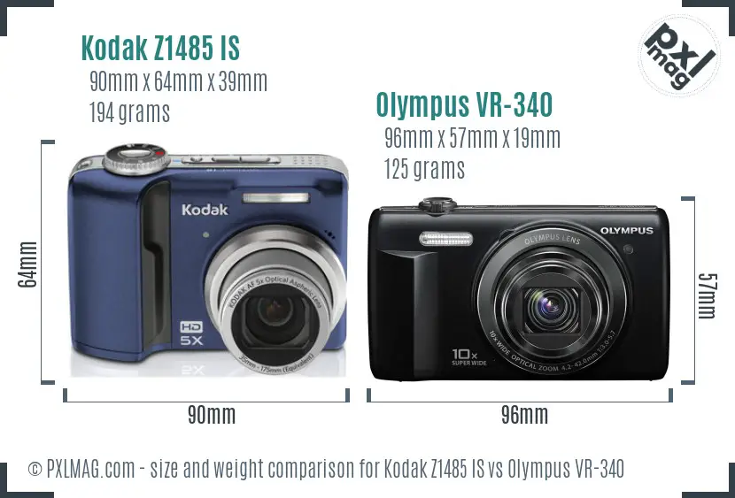 Kodak Z1485 IS vs Olympus VR-340 size comparison