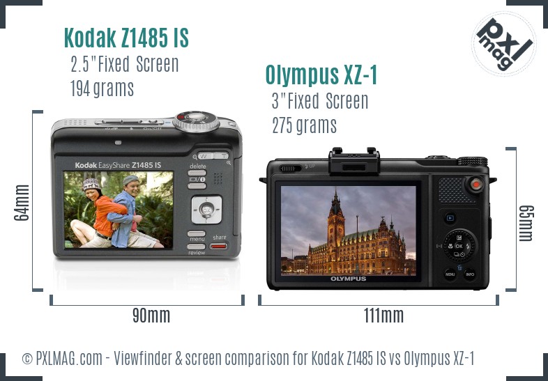 Kodak Z1485 IS vs Olympus XZ-1 Screen and Viewfinder comparison