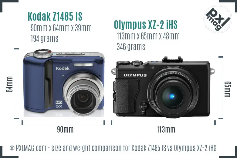 Kodak Z1485 IS vs Olympus XZ-2 iHS size comparison