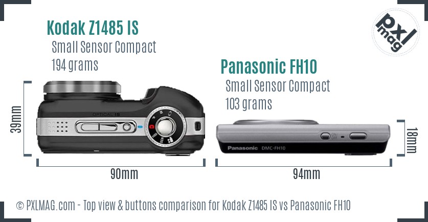 Kodak Z1485 IS vs Panasonic FH10 top view buttons comparison