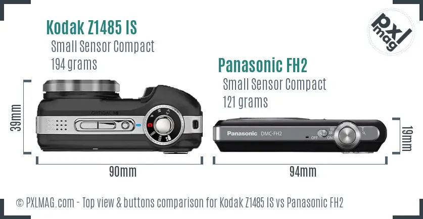 Kodak Z1485 IS vs Panasonic FH2 top view buttons comparison Kodak Z1485 IS vs Panasonic FH2 top view buttons comparison