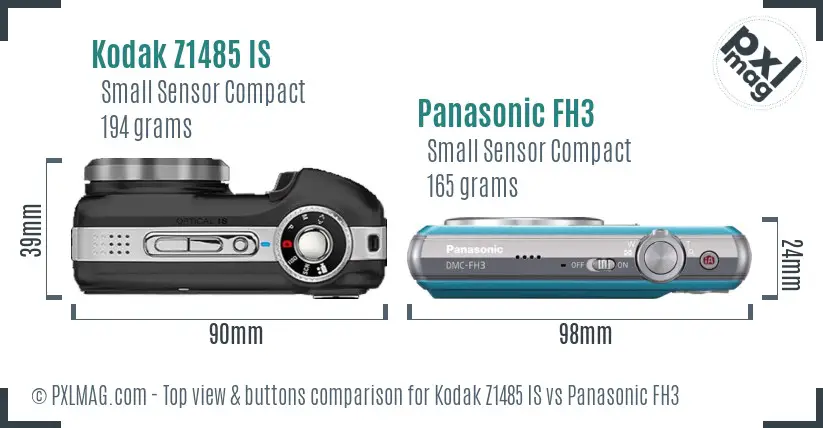 Kodak Z1485 IS vs Panasonic FH3 top view buttons comparison Kodak Z1485 IS vs Panasonic FH3 top view buttons comparison
