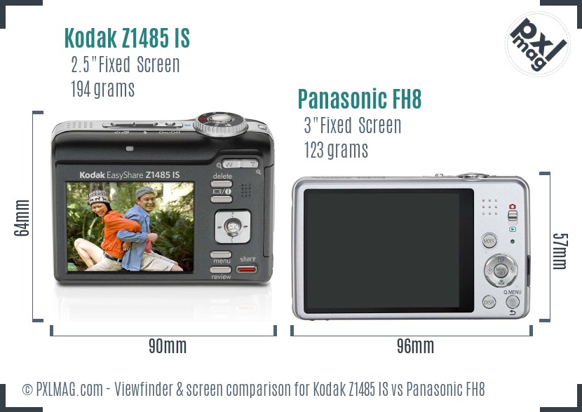 Kodak Z1485 IS vs Panasonic FH8 Screen and Viewfinder comparison