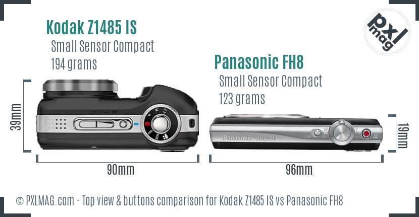 Kodak Z1485 IS vs Panasonic FH8 top view buttons comparison