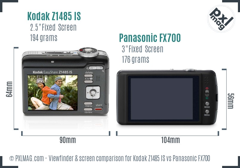 Kodak Z1485 IS vs Panasonic FX700 Screen and Viewfinder comparison