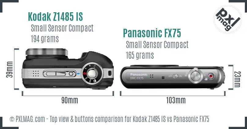 Kodak Z1485 IS vs Panasonic FX75 top view buttons comparison