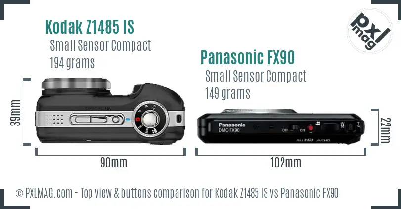 Kodak Z1485 IS vs Panasonic FX90 top view buttons comparison