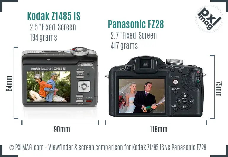 Kodak Z1485 IS vs Panasonic FZ28 Screen and Viewfinder comparison