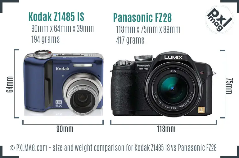 Kodak Z1485 IS vs Panasonic FZ28 size comparison