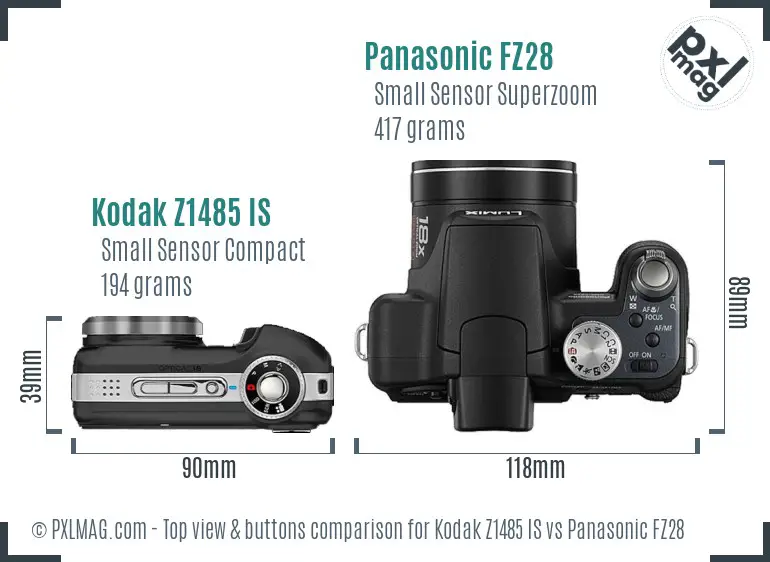 Kodak Z1485 IS vs Panasonic FZ28 top view buttons comparison