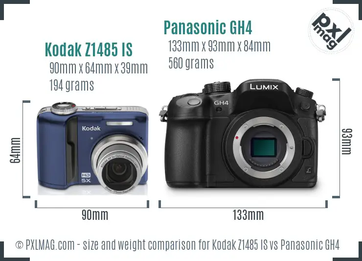 Kodak Z1485 IS vs Panasonic GH4 size comparison