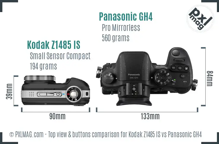 Kodak Z1485 IS vs Panasonic GH4 top view buttons comparison