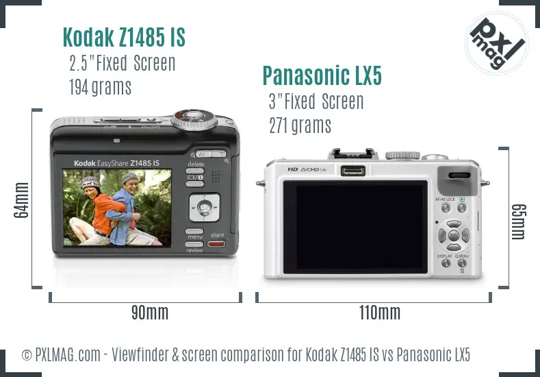 Kodak Z1485 IS vs Panasonic LX5 Screen and Viewfinder comparison