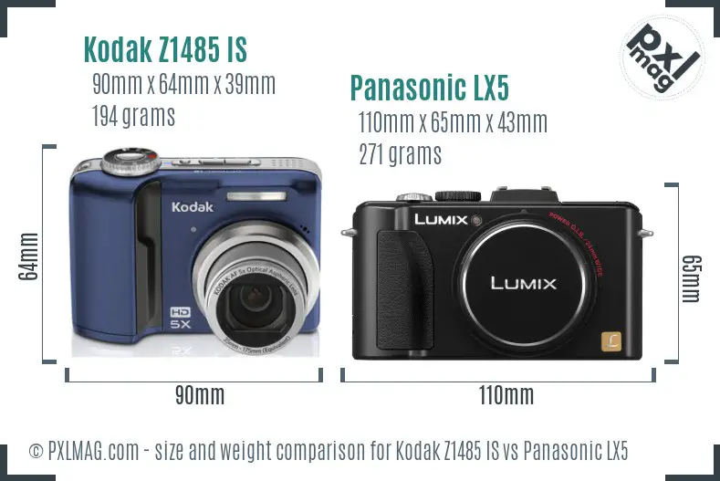 Kodak Z1485 IS vs Panasonic LX5 size comparison