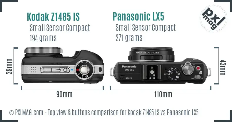 Kodak Z1485 IS vs Panasonic LX5 top view buttons comparison