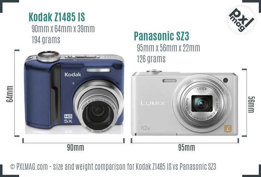 Kodak Z1485 IS vs Panasonic SZ3 size comparison