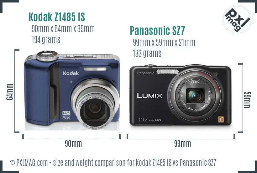 Kodak Z1485 IS vs Panasonic SZ7 size comparison