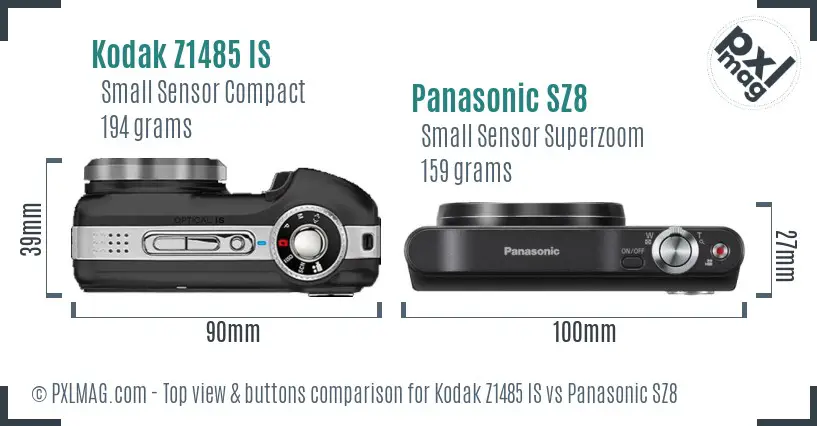 Kodak Z1485 IS vs Panasonic SZ8 top view buttons comparison Kodak Z1485 IS vs Panasonic SZ8 top view buttons comparison